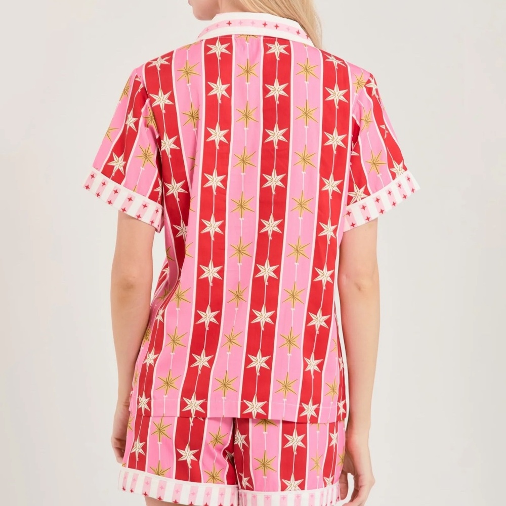 Katie Kime Tree Topper Pajama Shorts Set Modal Cotton Pink Red Star Print NWT - Picture 3 of 5